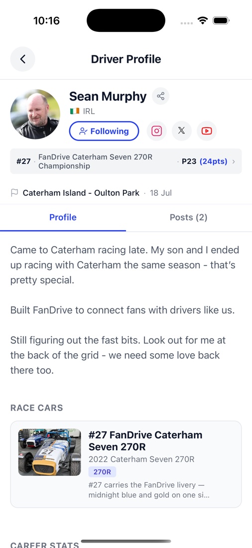 A driver profile in the fan app: Sean Murphy, car number 27, championship position, bio and race car details