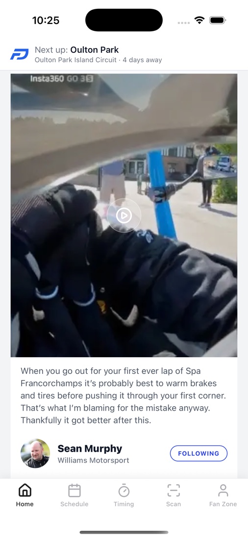 The fan app feed showing a driver's video post about their first lap of Spa-Francorchamps, with the next event pinned above