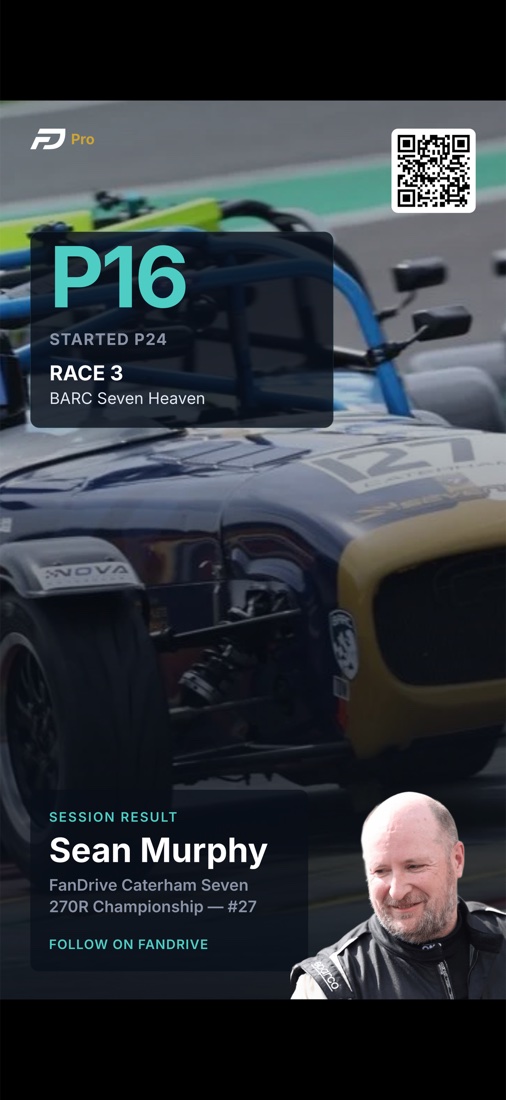 A share studio card from the pro app: P16 finish, started P24, Race 3 at BARC Seven Heaven, with the driver's car and a QR code
