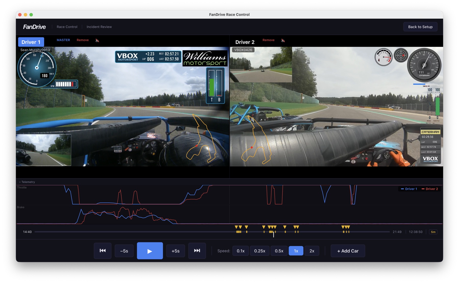 The FanDrive Race Control desktop application replaying two drivers' synchronized onboard videos at Spa-Francorchamps, with speed gauges, track maps and aligned telemetry traces